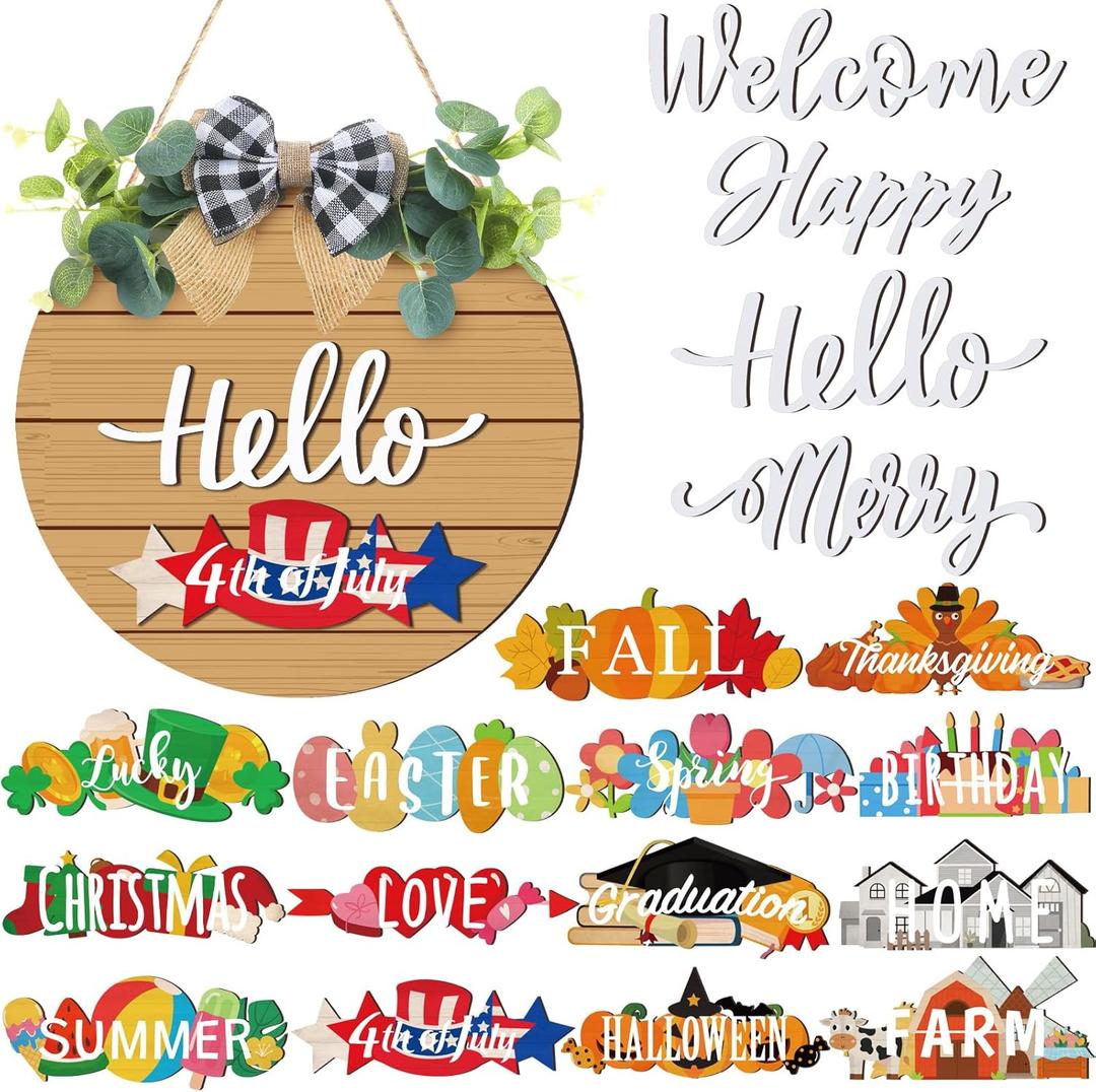 20 Pieces Interchangeable Welcome Sign for All Seasons Seasonal Front Door Decor with 4 Pcs Sign and 15 Pcs Changeable Icons Farmhouse Front Porch Rustic Holiday Wooden Door Decor(Brown)