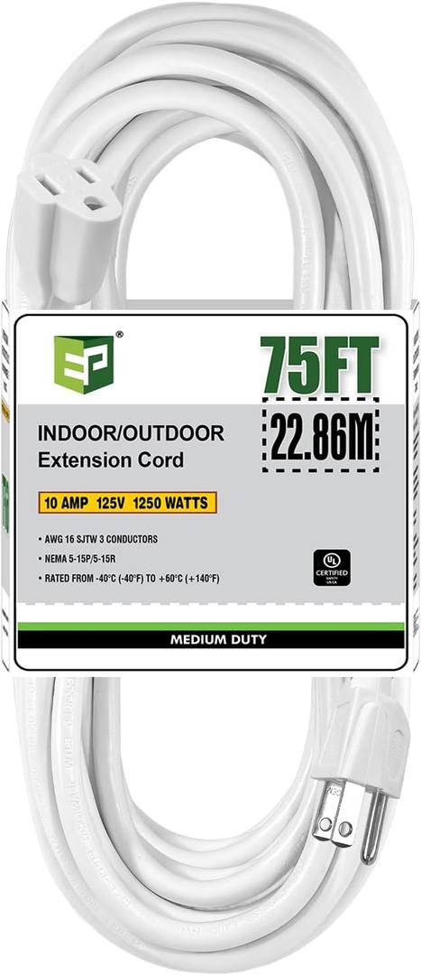 EP 75 Ft Outdoor Extension Cord - 16/3 SJTW White Electrical Cable with 3 Prong Grounded Plug, UL Listed (75ft)