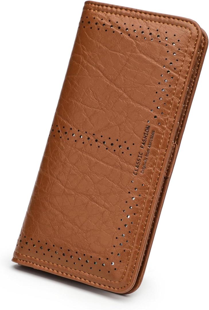 Rfid Slim Wallet for Womens Thin Card Holder Travel Wallet Bifold Clutch Long Ladies Billfold Brown