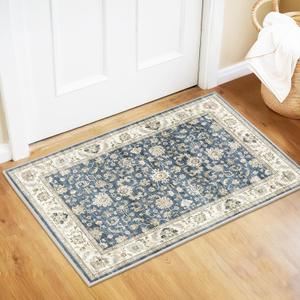 WITSHOCK 2x3 Washable Entry Area Rugs Doormat: Non Slip Rubber Backing Vintage Carpet - Low Pile for Kitchen Door Mat Indoor Entrance - Stain & Fade Resistant for Pet & Kids Friendly (Blue) (Blue/Cream White/Light Ivory)