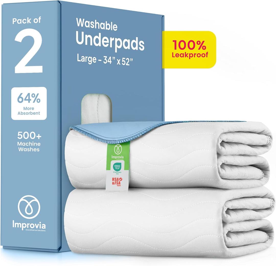 IMPROVIA Washable Underpads, Heavy Absorbency Reusable Incontinence Pads for Kids, Adults, Elderly, and Pets - Waterproof Protection Floor White & Blue (2 Pack - 34x52)