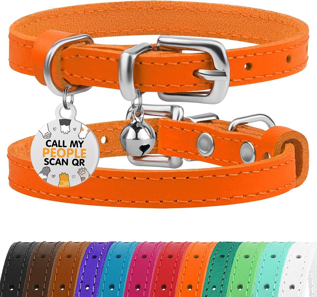 BRONZEDOG Leather Cat Collar with Removable Bells Non Breakaway Kitten QR Tag for Girl Boy (9" - 12" Cats/Mini Dogs, Orange & Silver)