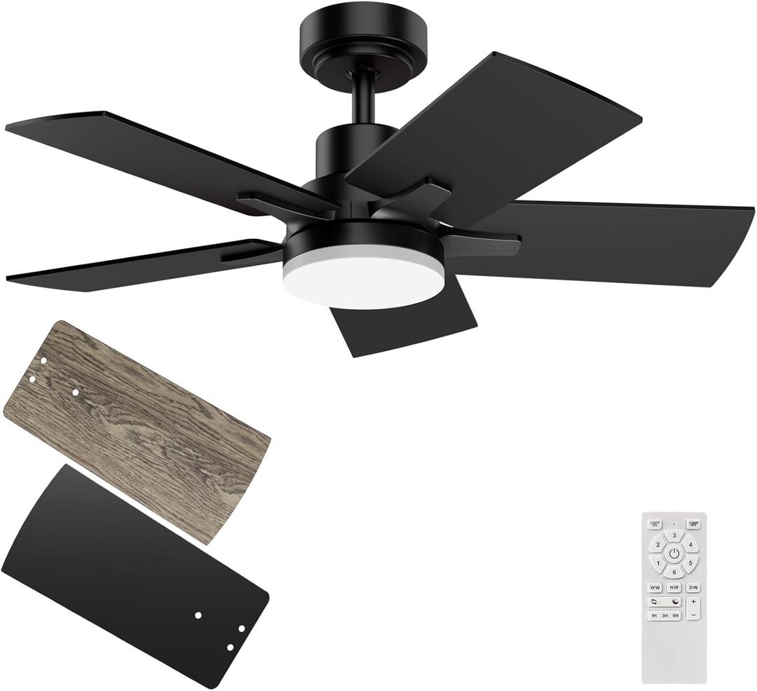 Ceiling Fan With Light 32-Inch, Remote Control Reversible DC Motors, 3CCT Dimmable Timer Noiseless, Black Small Compact Ceiling Fan for Bedroom Living Room, Indoor&Outdoor