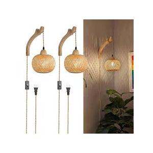 Frideko Wicker Wall Sconces Set of Two Plug in, Rattan Wall Lamp with Plug in Cord, Farmhouse Light Fixtures with 9.84FT On/Off Switch Cord, Boho Sconce Lighting for Bedroom Living Room Living Room 2pc 