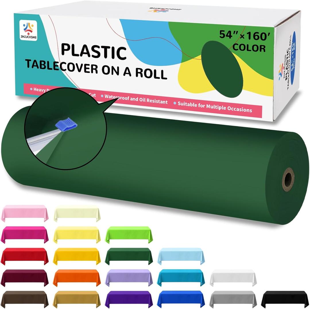 ZHZJCKSHB 54IN X 160FT Plastic Table Cover Roll with Cutter Box, Cut to Size Plastic Table Cloths for Parties, Birthday, Disposable Tablecloth Roll for All Shape Tables (Green, 54 Inch X 160 Feet)
