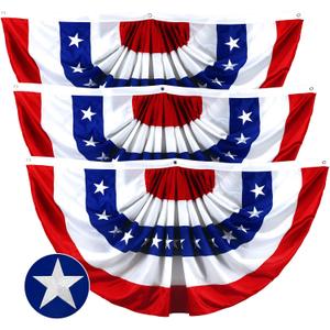 G128  3 Pack: USA Pleated Fan Flag, 3x6 Feet American USA Bunting Decoration Flags EMBROIDERED Patriotic Stars & Sewn Stripes Canvas Header Brass Grommets