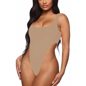 LINMON Women's Scoop Neck Sleeveless Basic Tank Top Bodysuits (Large, Mocha)