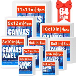 Canvas for Painting, 64 Pack Multi-Size Painting Canvas Board Art Supplies for Adult, Kid&Artist, 4x4 4x6 5x7 6x6 6x8 8x8 8x10 10x10 9x12 11x14 Primed Canvases for Acrylic, Oil, Watercolor