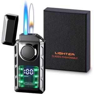 Smart Display Dual Flame Torch Lighter, Transparent Core Electric Lighter with LED Display, Butane Refillable & Type-C Charging, Windproof Jet Flame & Soft Flame Lighter (Without Butane)-Black Ice