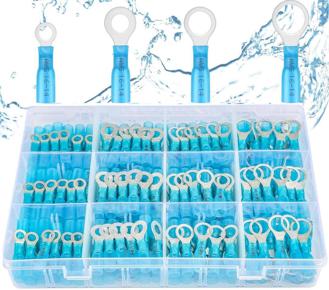 haisstronica Ring Terminals,200PCS Marine Grade Heat Shrink Ring Connectors-Blue Wire Connectors Tinned Red Copper #10,1/4",5/16",3/8"(4Sizes),16-14 Gauge Insulated Ring Crimp Terminals