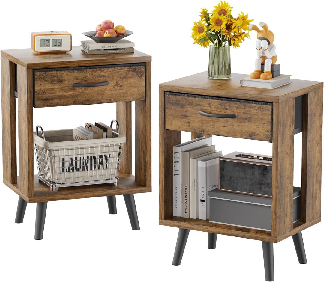 Nightstand Set of 2 with Fabric Drawers and Open Shelves - Rustic Bedroom Side Tables (M(15.7"D x 11.8"W))