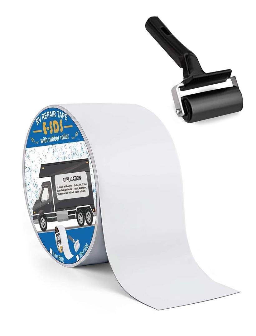 E-SDS RV Roof Tape 4" x50' with Rubber Roller, RV Tape Sealant Waterproof for Roof Repair, Window, Boat Sealing, Trailer and Camper Leaks
