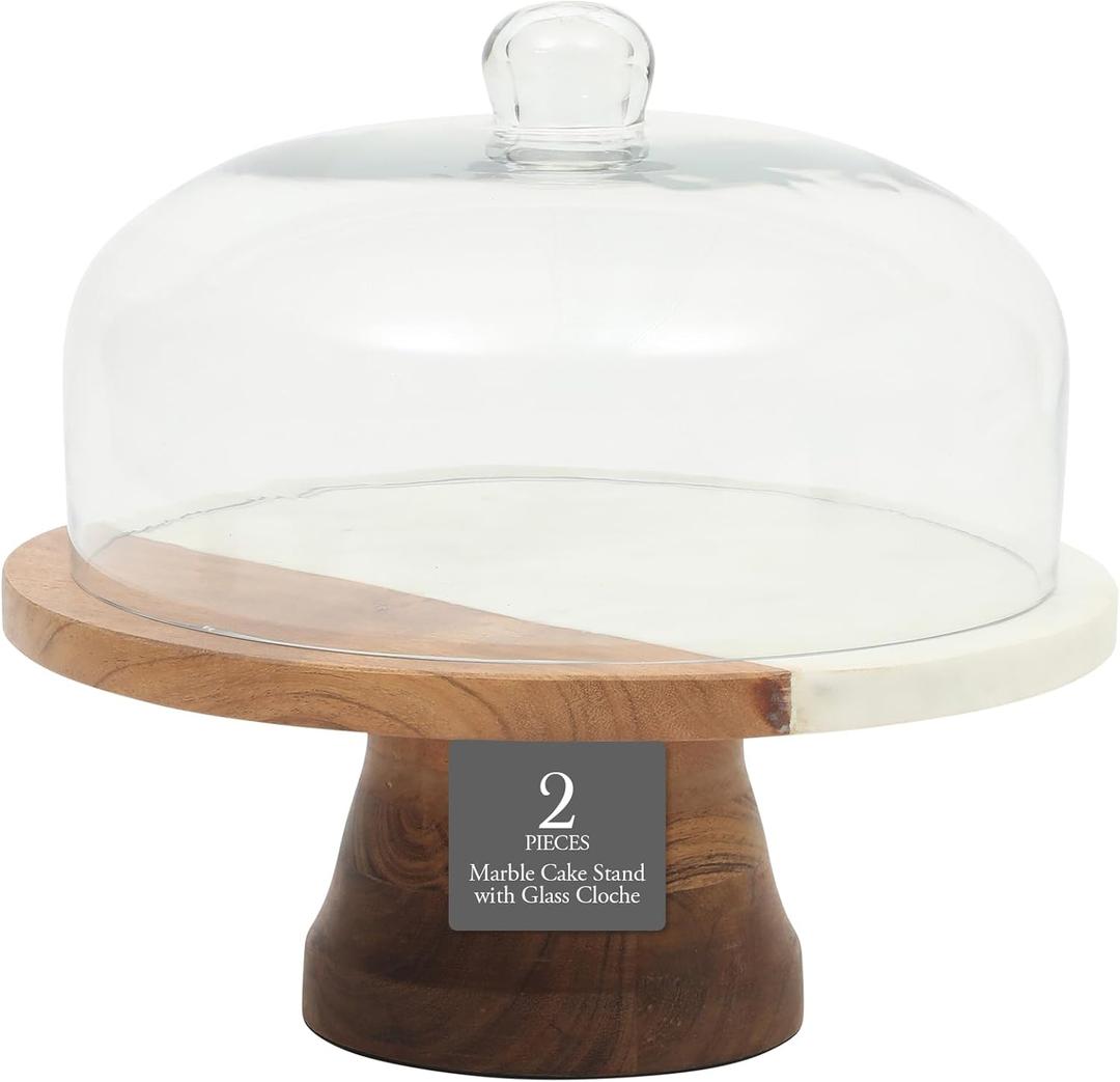 Gibson Elite Ridgehaven 10" Marble & Wood Cake Stand, Serving Platter, Charcuterie Board, and Center Piece Home Dcor With Glass Lid
