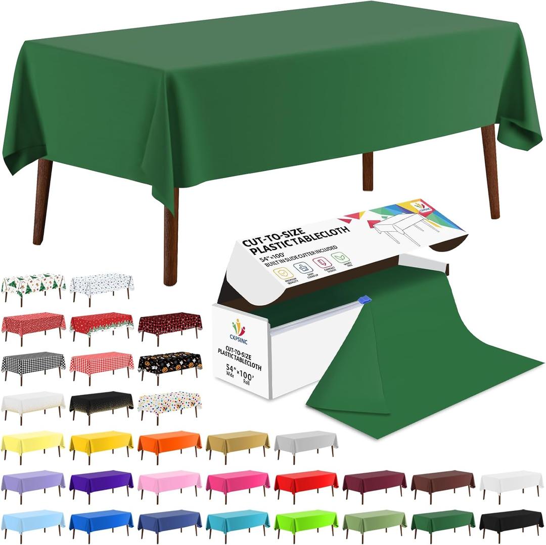 CXPSINC 54 Inch X 100 Feet Plastic Table Cover Roll Disposable Tablecloth with Slide Cutter for All Type/Shape Tables | Party, Banquet, Birthdays, Weddings(Green, 100 Feet)