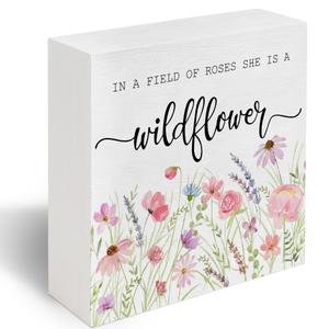 In a Field Full of Roses She Is a Wildflower Sign, Christian Gifts for Women, Baby Girl Nursery Botanical Floral Motivational Sign Decor for Home Girls Room Wall Tabletop Shelf Decor 5x5 C16