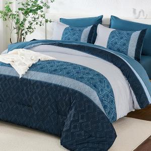 Navy Blue King Size Comforter Set,Boho Bedding Striped Bed in a Bag 7 Piece