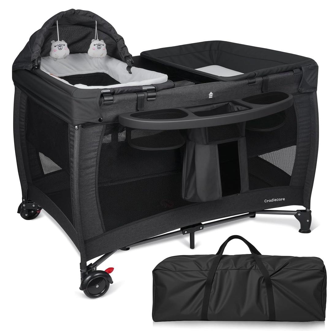 5 in 1 Pack and Play with Bassinet & Changing Table, Portable Foldable Playpen for Babies and Toddlers with Locking Wheels & Diaper Storage, Easy Fold Travel Playard (Black)