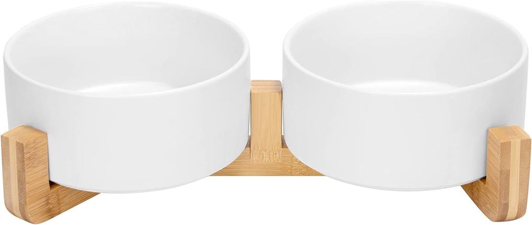 SPUNKYJUNKY Ceramic Dog and Cat Bowl Set with Wooden Stand, Modern Cute Weighted Food Water Set for Large Size Dogs (7.6 Cups, 2 White)