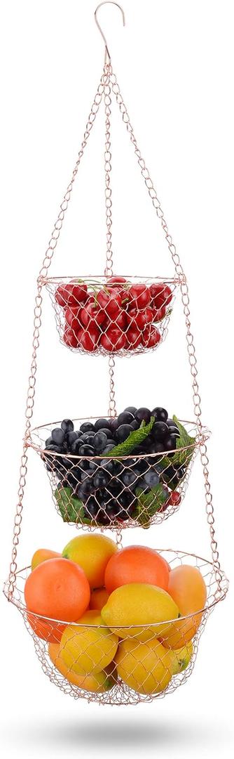 IBERG 3 Tier Hanging Fruit Basket, Metal Hanging Baskets for Kitchen, Bathroom & Pantry Storage Organizer (Copper)