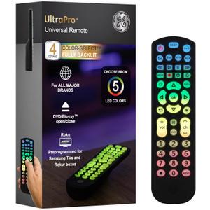 GE Color Select Backlit Buttons Universal Remote Control, Samsung TV Remote Control Replacement, Samsung Remote Control for Smart TV, Roku Remote Replacement, Vizio, LG TV, Sony, 4-Device, Black 44220