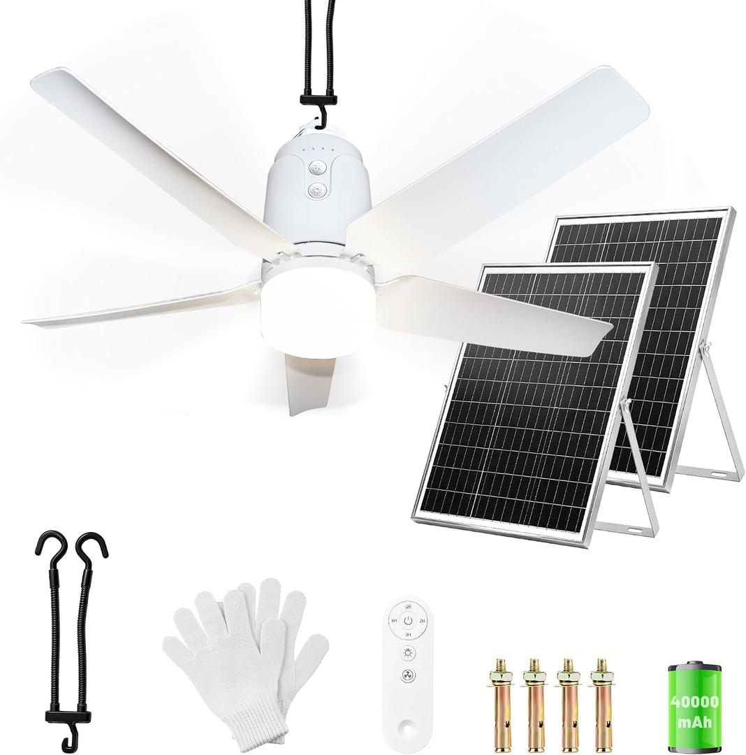 SHUNLEE Solar Outdoor Ceiling Fan Light 31.5'', 60W Solar Powered Portable Gazebo Fan With Remote and Hook, 3000K-6000K LED, 40000mAh Large Hanging Canopy Fan (31.5 inch)