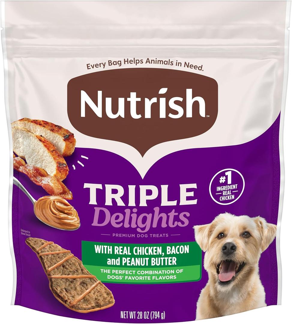 Nutrish Triple Delights Premium Dog Treats for Dogs with Real Chicken, Bacon, and Peanut Butter, 28 oz. Pouch (28 Ounce (Pack of 1)), BB Dated JUN03 2026
