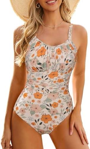 Century Star Tummy Control One Piece Swimsuit for Women Vintage Bathing Suits Ruched Swimwear (Orange Flower)