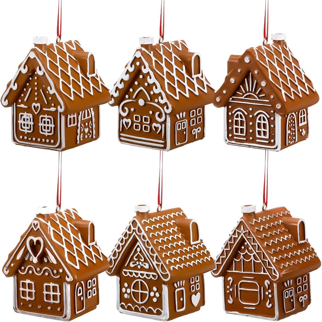Vercraft 6 Pcs 3D Christmas Clay Dough Gingerbread House Ornaments for Christmas Tree 3.15 Inch Resin Candy House Hanging Vintage Decorations with Rope for Holiday Party New Year Home