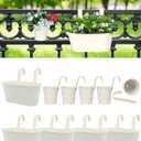 5 Pcs 10.8” Metal Railing Planter for Outdoor Plants – 5 Pcs 3.9” Balcony Hanging Flower Pots with Detachable Hooks, Drainage, Oval Bucket Rail Box Fence Planters for Home Garden Décor, Cream White