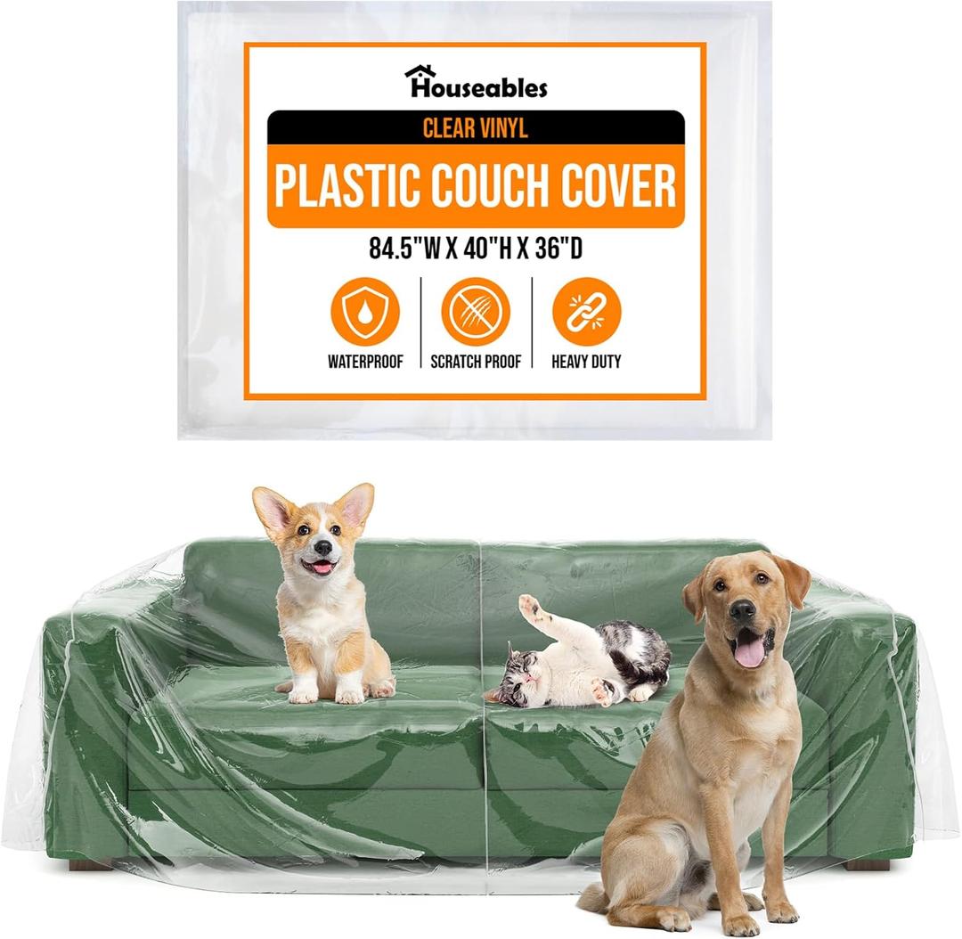 Houseables Plastic Couch Cover, Plastic Couch Covers for Pets, Clear Sofa Protector for Moving, Loveseat Protector, Cats, Storage, Pets, Spills, Heavy Duty, Waterproof, Vinyl, Thick, 84.5 x 40 x 36 in