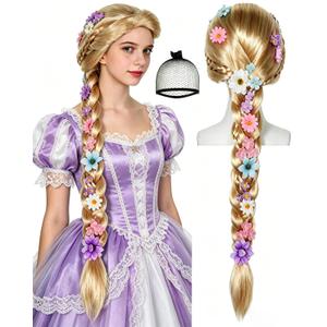Wig Cap + Long Blonde Braided Wigs with Flowers for Cosplay 80cm/32Inch Fairytale Ball Blonde Princess Wigs Fairy Tale Long Braids Costume Wig for Halloween Party Christmas Birthday Outfit