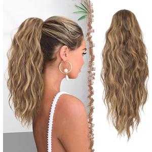 FESHFEN Ponytail Extensions - Drawstring Ponytails Hair Extension Long Curly Wavy Hair Piece Synthetic Pony Tail Hairpieces for Women, Golden Brown Mix Blonde 18 inch