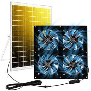 Solar Exhaust Fan for Chicken Coop & Powered Fan with 25W Solar Panel & 4-Pack High-Speed Brushless DC Fans, Solar Shed Ventilation Fan for Greenhouses, Attics, Barns & Dog Houses