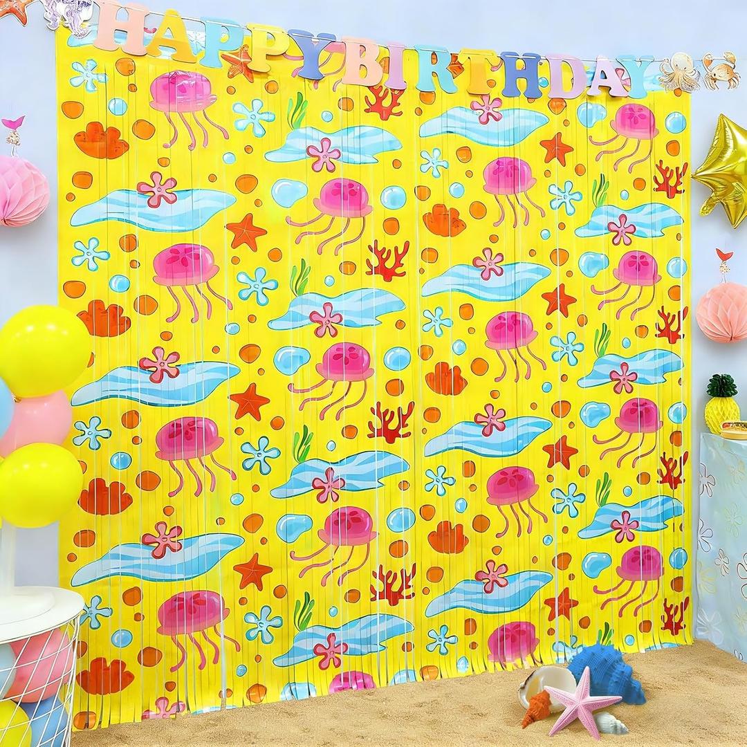 5 x Ocean Themed Birthday Decorations, Cartoon Themed Party Supplies, 2 Pack 3.3 x 6.6ft Starfish Jellyfish Pattern Tinsel Foil Fringe Curtains Birthday Photo Booth Prop Backdrop for Kids