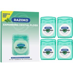 RAZOKO Coconut Oil Dental Floss Expanding Dental Floss Suitable for Wide Spaces (55 Yards, 4 Count) - Mint Flavor