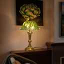 HDDFL Glass Shade Table Lamp Vintage Metal Desk Lamp 2 Lights Table Light with Plug Switch for Bedroom Living Room Home Office Brass and Green
