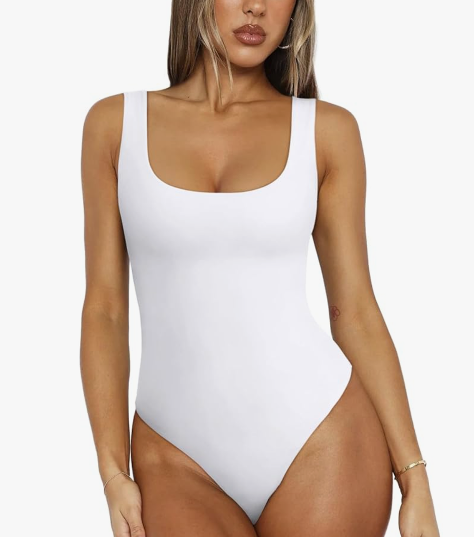 REORIA Bodysuit for Women Scoop Neck Sleeveless Tank Top Bodysuits 2025 Sexy Thong Bodysuit Basic Leotards for Women L