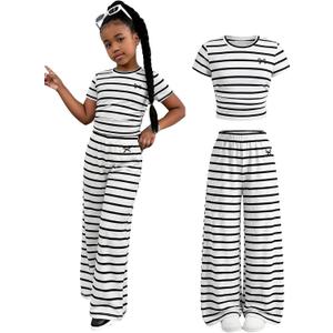 SOLY HUX Girl's Bow Print Short Sleeve T Shirt Pants Outfits (White)