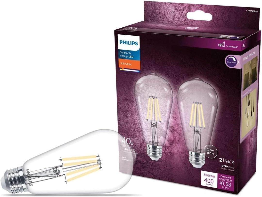 PHILIPS LED 40W S19 2-Pack Vintage Edison Soft White (2700K) 400 Lumen (4.4W = 40W) Dimmable Clear Flicker-Free Light Bulbs