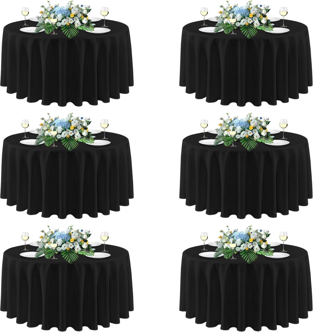sancua 120 Inch Round Tablecloths Black, 6 Pack - Circle Fabric Cloth Table Cloths for Wedding Party Reception Banquet Birthday, Washable Polyester Table Cover (Fit 30-72 Inch Tables)