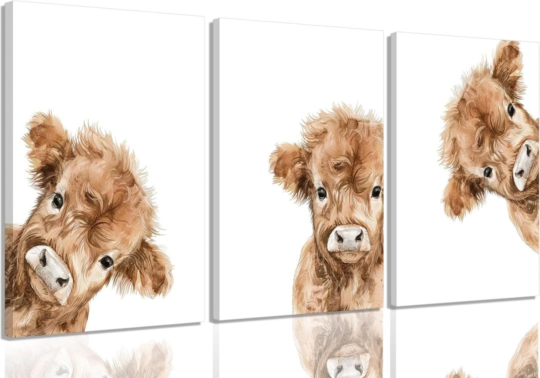AOYUSMO 3 Piece Cute Highland Cow Canvas Wall Art Nursery Funny Animal Framed Wall Art Baby Cow Pictures Wall Decor Kids Animals Art Prints for Children's Room Bedroom 16"x24", 16x24in