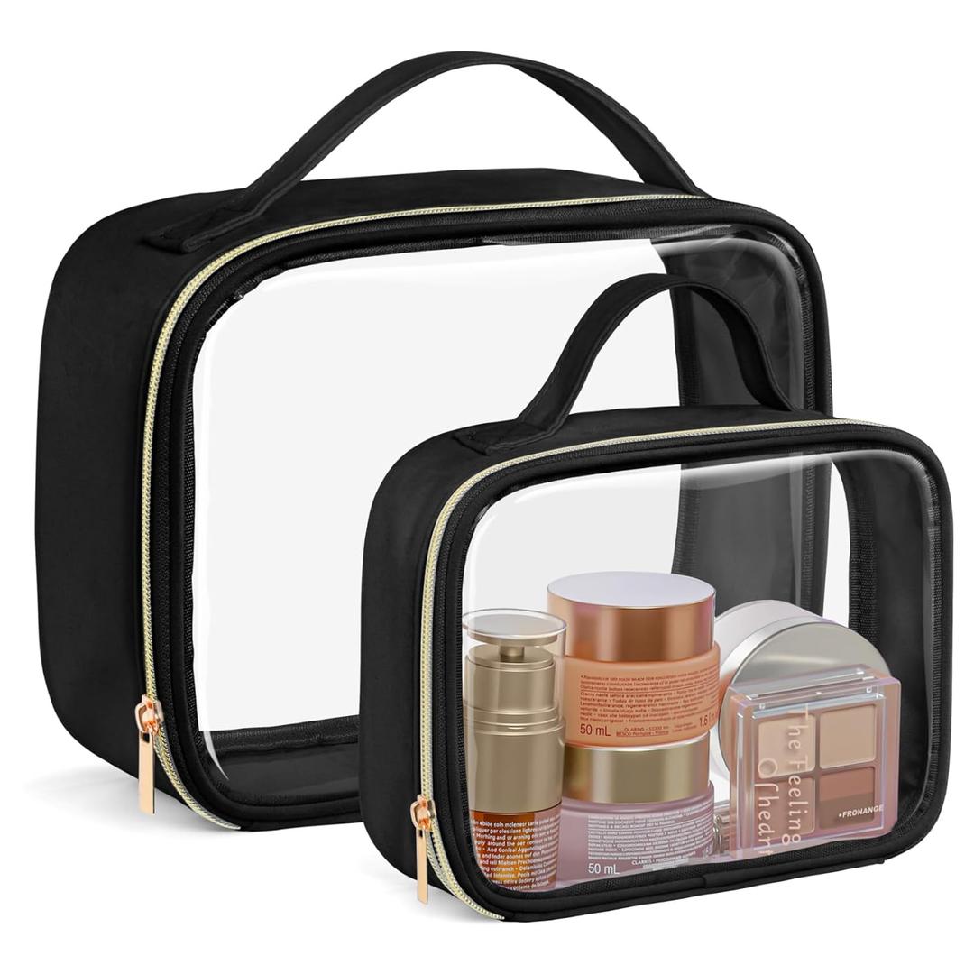 PACKISM Clear Makeup Bag Combo Pack, 1 TSA Approved Medium & Large for Checked Luggage, Clear Toiletry Bag with Handle, Water-resistant Travel Essentials Organizer, Black