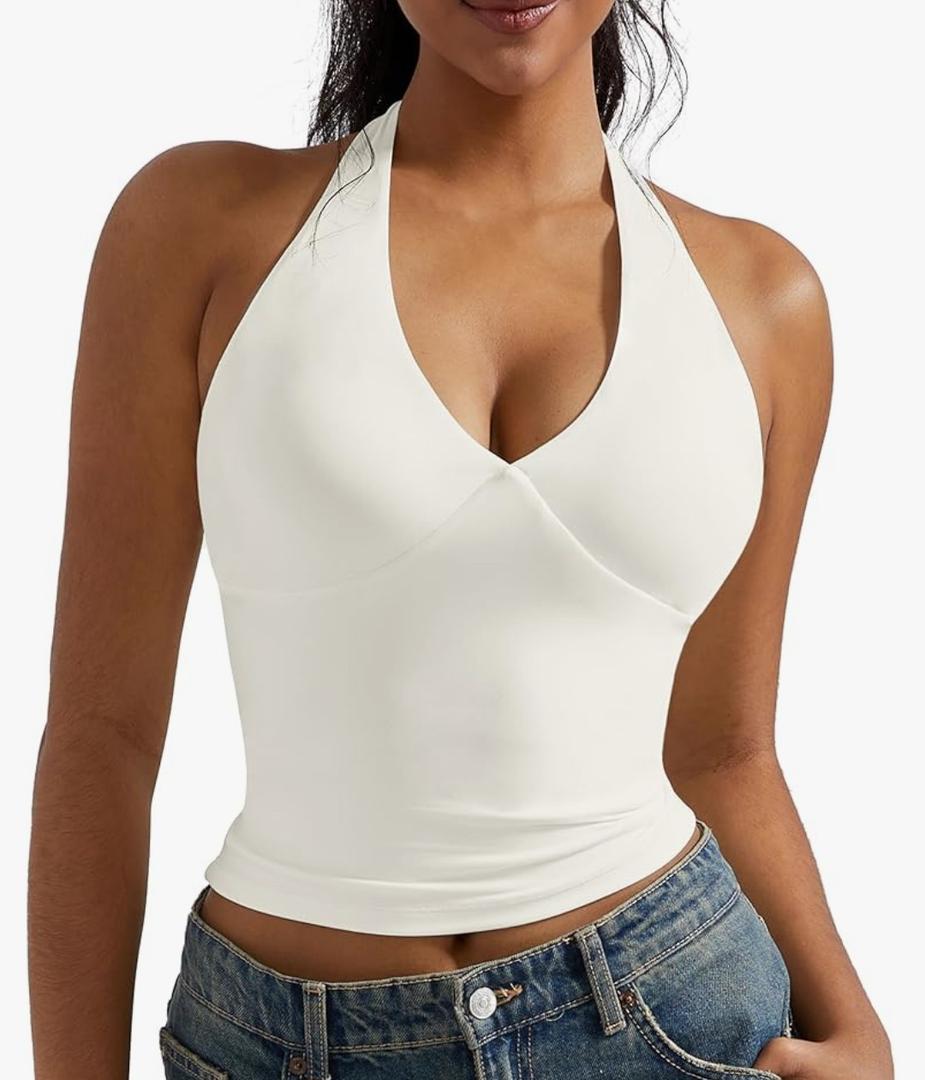 OMKAGI Womens Tank Tops Sexy Halter V Neck Going Out Tops Sleeveless Y2K Crop Top Size S