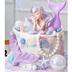 JeVenis Purple Little Mermaid Cake Topper Under the Sea Cake Decoration Seashell Cake Topper Mermaid Tail Party Supplies Sea Star Cake Decor