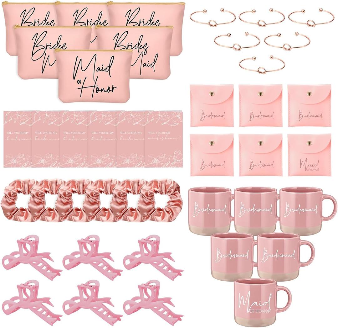 Didaey 42 Pcs 6 Sets Wedding Favors Bridesmaid Proposal Gifts Maid of Honor Ceramic Coffee Cups Cosmetic Makeup Bags Invited Cards Scrunchies Knotted Bracelets Jewelry Bags Hair Claw Clips(Pink)