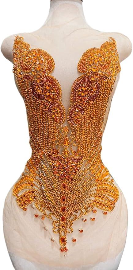 100% Handmade Rhinestones Applique on White net sew on Beads Crystal Patches Accessory for Dress Clothes (Gold Stone Brown net)