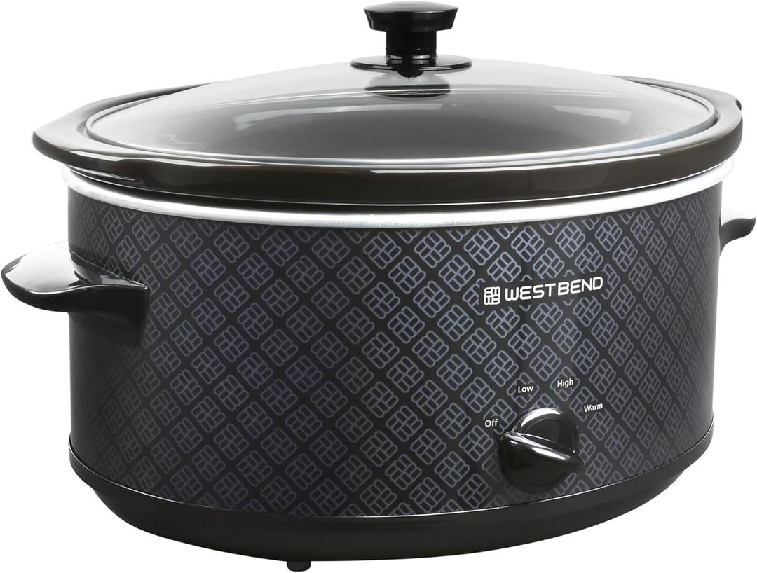 West Bend Slow Cooker 6-Quart Manual Crockery Style with Dishwasher Safe Oval Ceramic Crockpot and Glass Lid Two Temperature Settings Plus Keep Warm, 330-Watts, Black