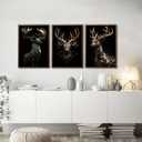 3pcs Black Gold Elk Canvas Wall Art Modern Deer Theme Posters Prints Paintings Wildlife Pictures Wall Decor for Bedroom Living Room Office Bathroom Decoration Unframed