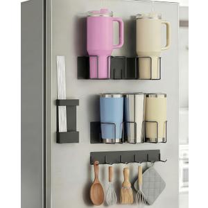 Magnetic Cup Holder for Fridge (4-Piece Set) Compatible with Stanley Quencher H2.0 & Yeti 2040oz Heavy Duty 18LB Anti-Slip Magnetic Organizer with Straw Holder & Hook Rack for Kitchen, Garage