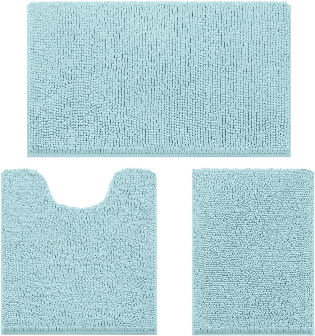 HOMEIDEAS 3 Pieces Bathroom Rugs, Ultra Soft Non Slip Absorbent Chenille Toilet Bath Mat Set (Light Blue) (1'8" x 2'8" (17"x24"+20"x32"+U Shape 20"x24"))